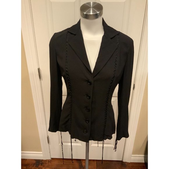 Dolce&Gabbana Black Silk Jacket w/ Lace-Up Stitching, Size 8 (US) 42 (IT) - Picture 1 of 10